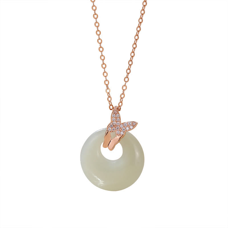 Buddha Stones 925 Sterling Silber Natürlicher Hetian Jade Zirkon Schmetterling Glück Halskette Anhänger