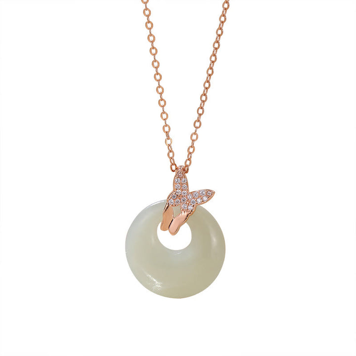 Buddha Stones 925 Sterling Silber Natürlicher Hetian Jade Zirkon Schmetterling Glück Halskette Anhänger