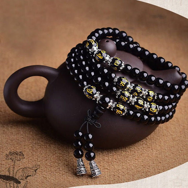 Buddha Stones Black Obsidian Six True Words Protection Mala Armband