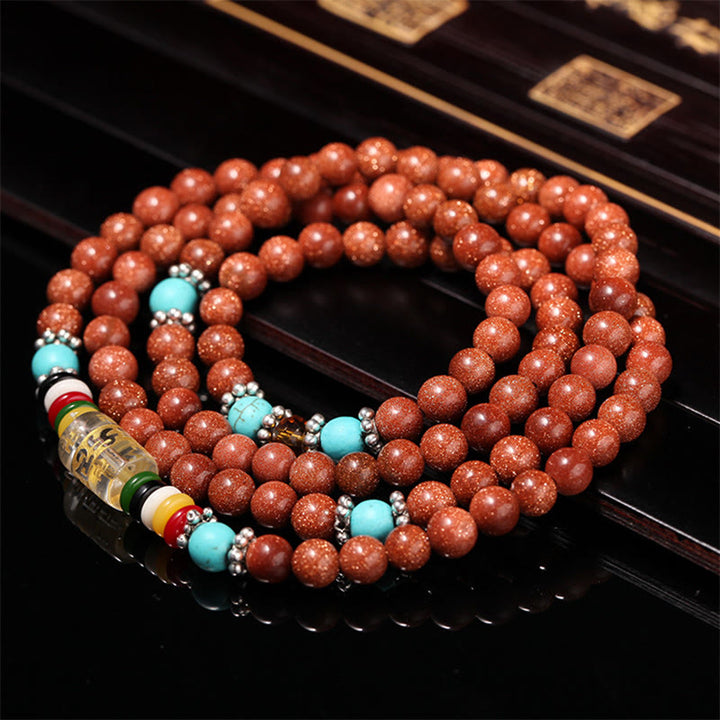 Buddha Stones 108 Mala Perlen Goldstone Om Mani Padme Hum Swastika Confidence Armband