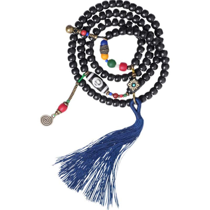 Buddha Stones 108 Perlen Mala Ebenholz Holz Dzi Perle Kupfer Balance Quaste Armband