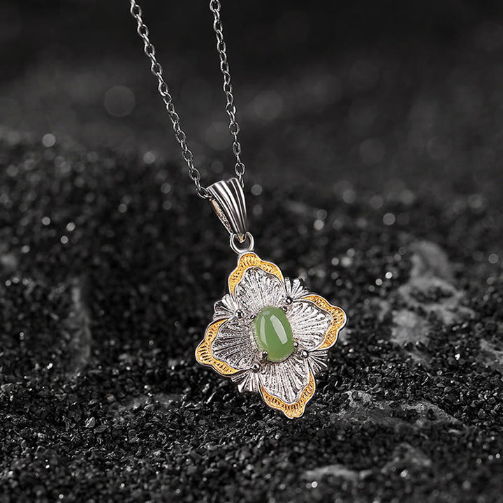 Buddha Stones 925 Sterling Silber vergoldet Hetian Cyan Jade Rhombus Design Glück Heilung Halskette Anhänger