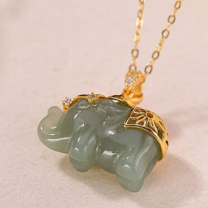 Buddha Stones 925 Sterling Silber Jade Elefant Segen Glück Halskette Kettenanhänger