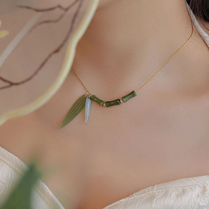 Buddha Stones Bambusblatt Jade Design Reichtum Halskette Anhänger