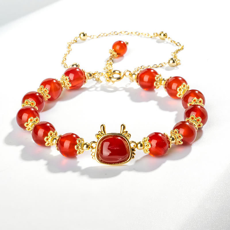 Armband mit Buddha Stonesn, Jahr des Drachen, natürlicher roter Achat, schwarzer Onyx, Glücks-Fu-Charakter