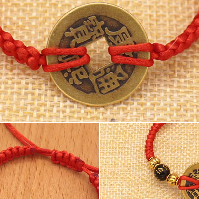 Armband mit Buddha Stonesn, Kupfermünze, Glücksbringer, rote Schnur