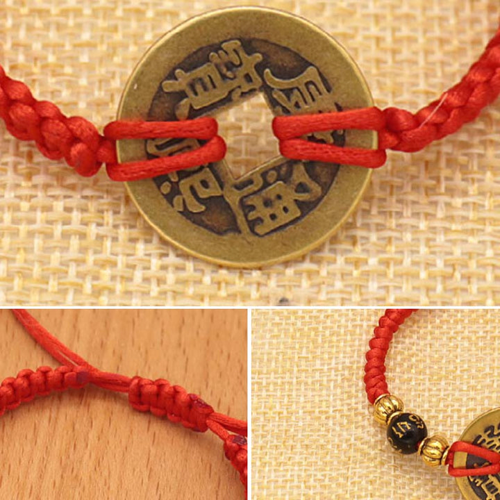 Armband mit Buddha Stonesn, Kupfermünze, Glücksbringer, rote Schnur