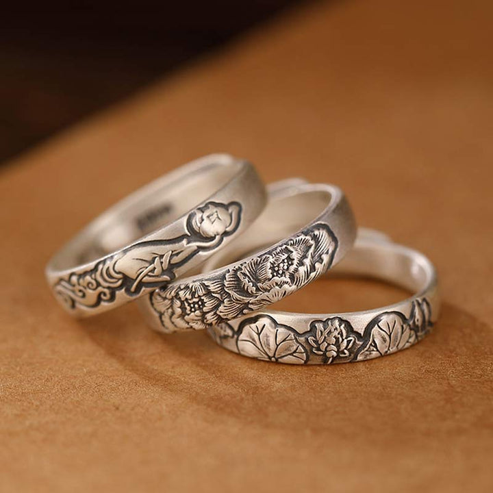 Erleuchtungsring aus 999er-Sterlingsilber mit Lotus- und Pfingstrosenblüten