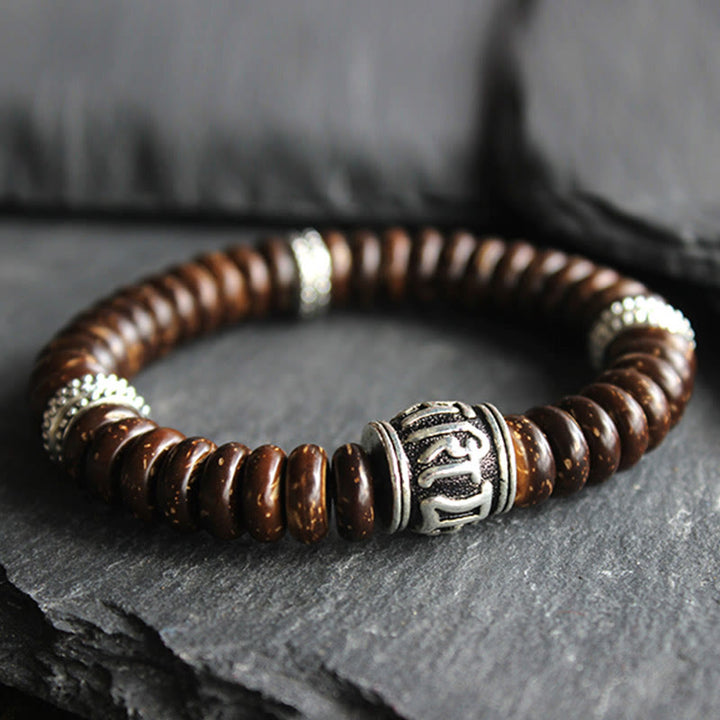 Buddha Stones Natürliches tibetisches Om Mani Padme Hum Positive Armband aus Kokosnussschale