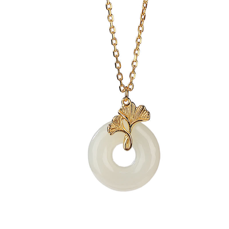 Buddha Stones 925 Sterling Silber natürliche Hetian Jade Ginkgo Blatt Frieden Schnalle Glück Halskette Anhänger