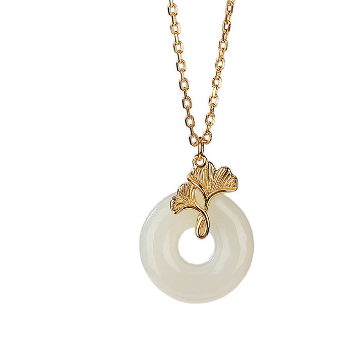 Buddha Stones 925 Sterling Silber natürliche Hetian Jade Ginkgo Blatt Frieden Schnalle Glück Halskette Anhänger