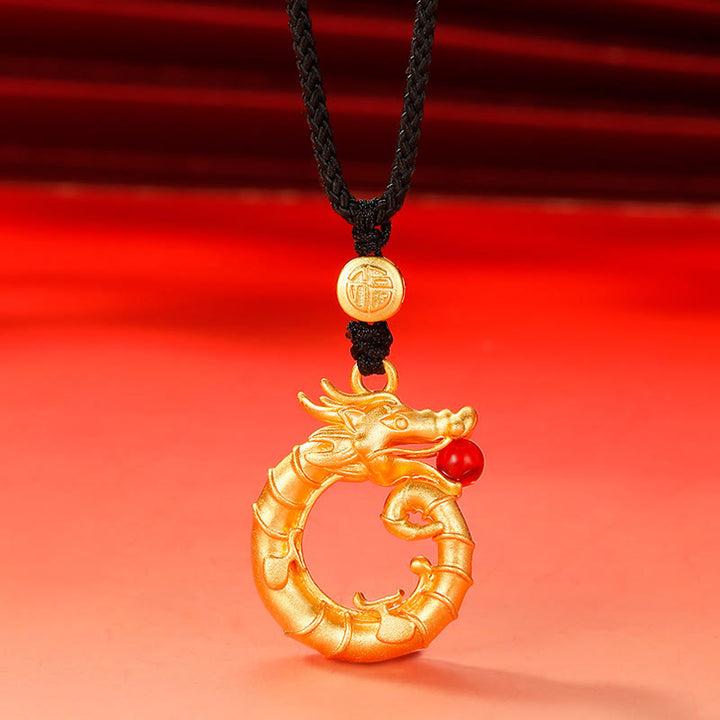 Buddha Stones 925 Sterling Silber Jahr des Drachen runder Fu-Charakter-Drachen-Erfolgs-Halskettenanhänger