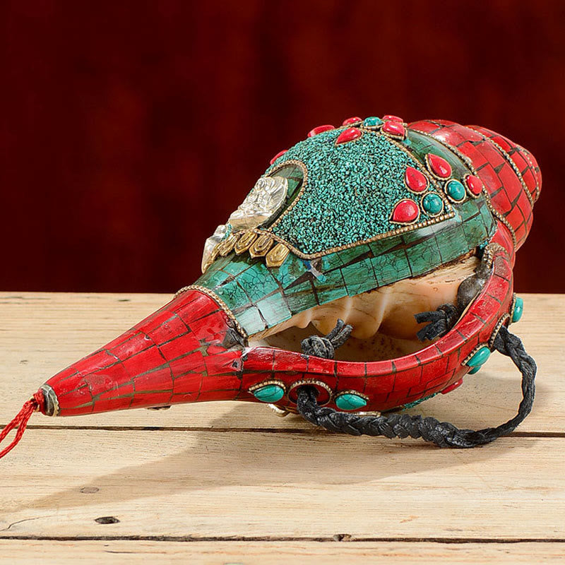 Tibetische handgemachte Shankha Om Mani Padme Hum Buddha Avalokitesvara Türkis Muschel Muschel positive Dekoration