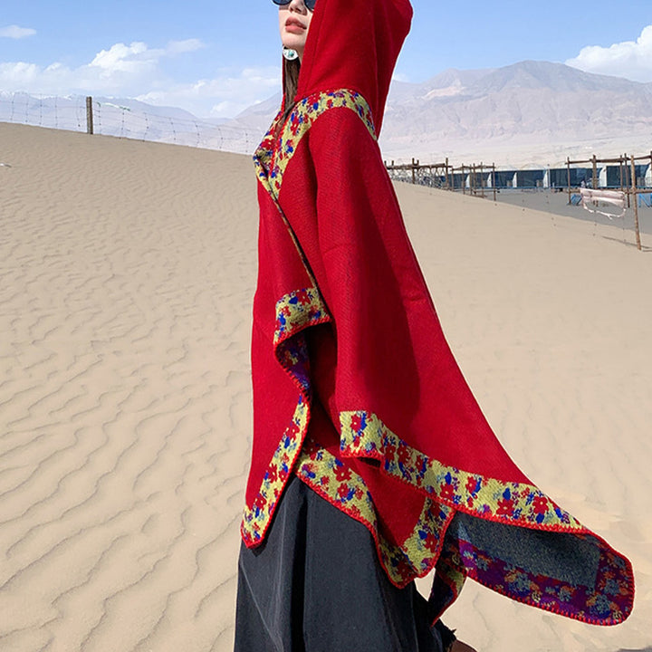 Buddha Stones Tibetischer Schal mit Rand, kleiner Blumen-Kapuzenumhang, gemütlicher Winter-Reiseschal