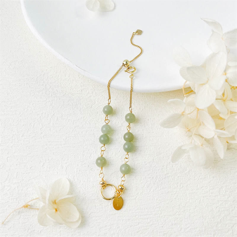 Buddha Stones Einzigartiges Glücksperlenarmband aus natürlicher Hetian-Jade mit 14-karätigem Gold gefüllt