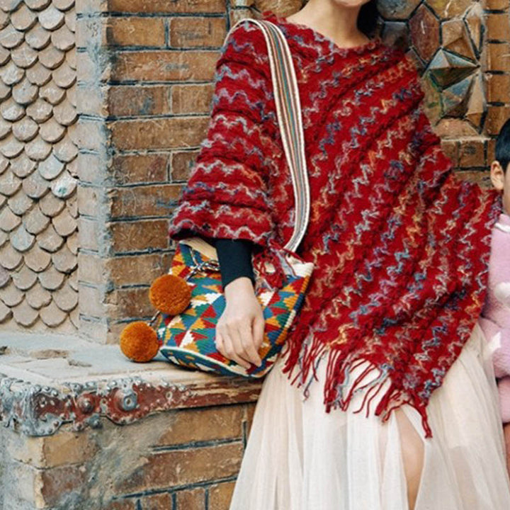 Buddha Stones Tibetischer bunt gestreifter Schal mit Quasten, Pullover für den Winter, gemütlicher Reiseschal