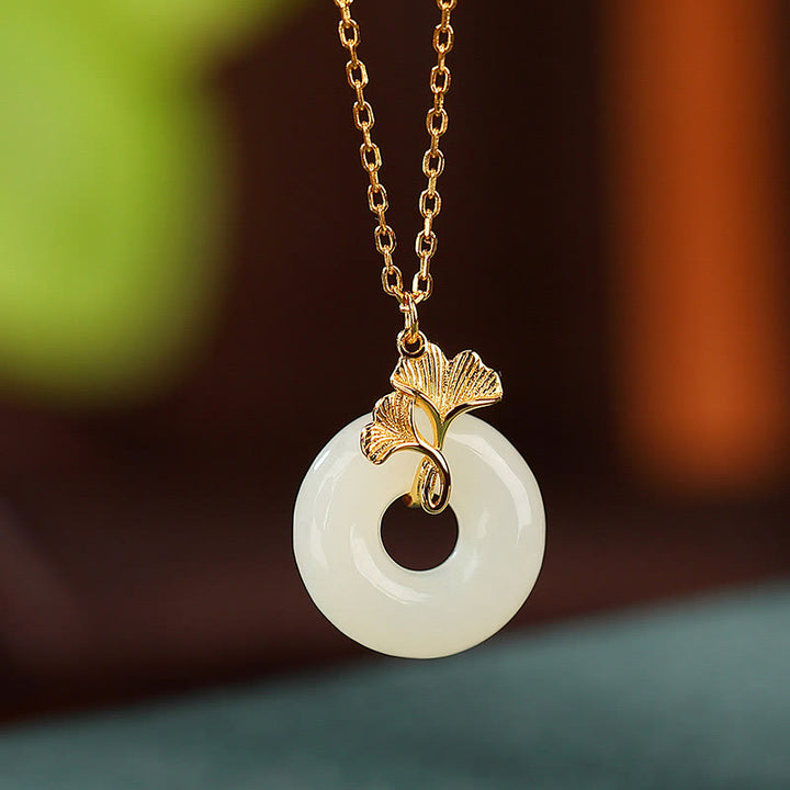 Buddha Stones 925 Sterling Silber natürliche Hetian Jade Ginkgo Blatt Frieden Schnalle Glück Halskette Anhänger