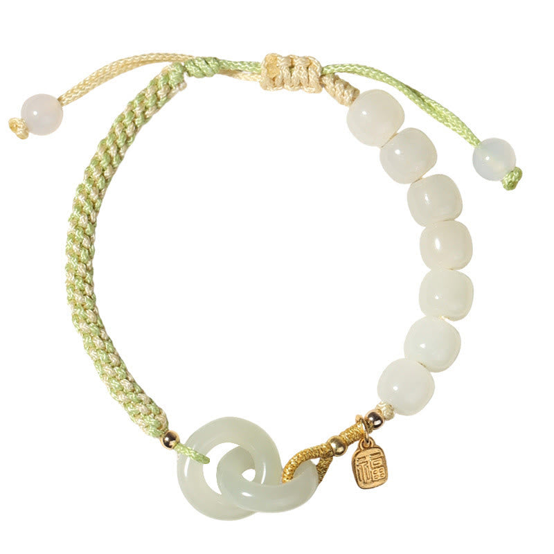 Buddha Stones Natürliche Hetian Jade Perle Doppelte Friedensschnalle Fu Charakter Fülle Geflochtenes Armband