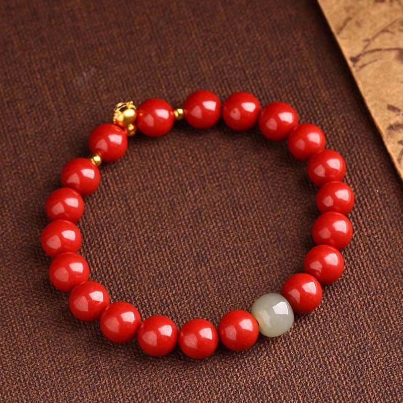 Buddha Stones 999 Gold Jahr des Drachen natürliches Zinnober-Jade-Kupfer-Münze-Fu-Charakter-Segen-Armband