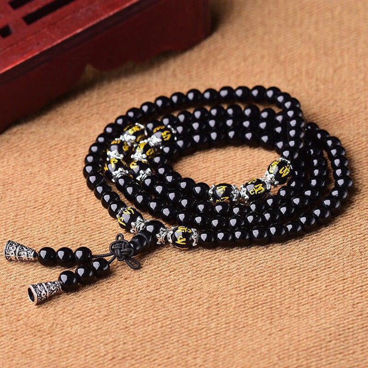 Buddha Stones Black Obsidian Six True Words Protection Mala Armband