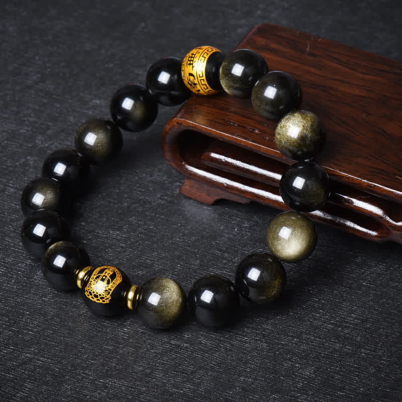 Chinesisches Tierkreis-Natal-Buddha-Goldglanz-Obsidian-Armband zum Schutz des Reichtums