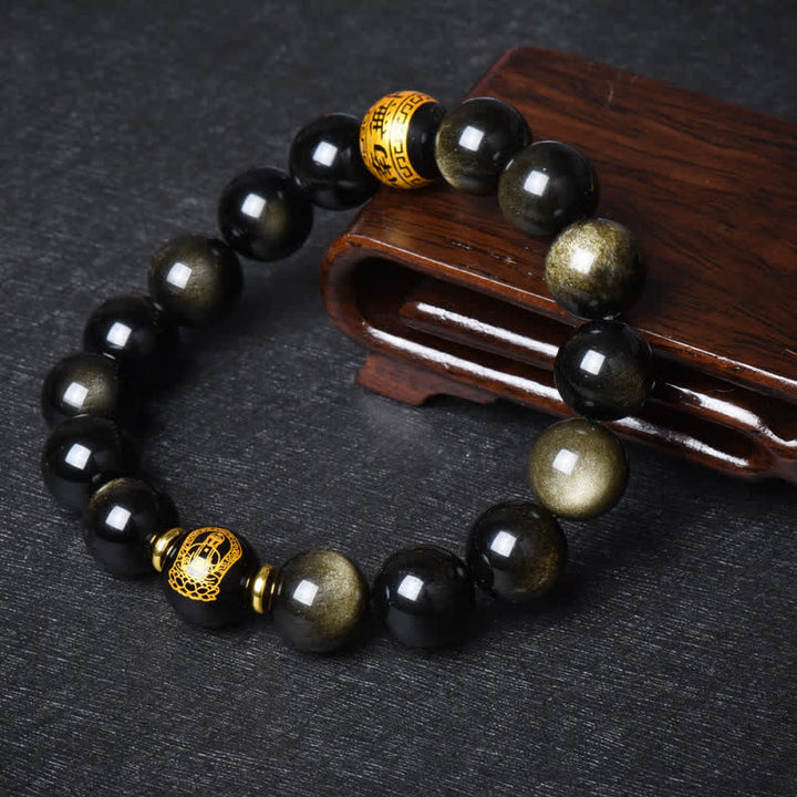 Chinesisches Tierkreis-Natal-Buddha-Goldglanz-Obsidian-Armband zum Schutz des Reichtums