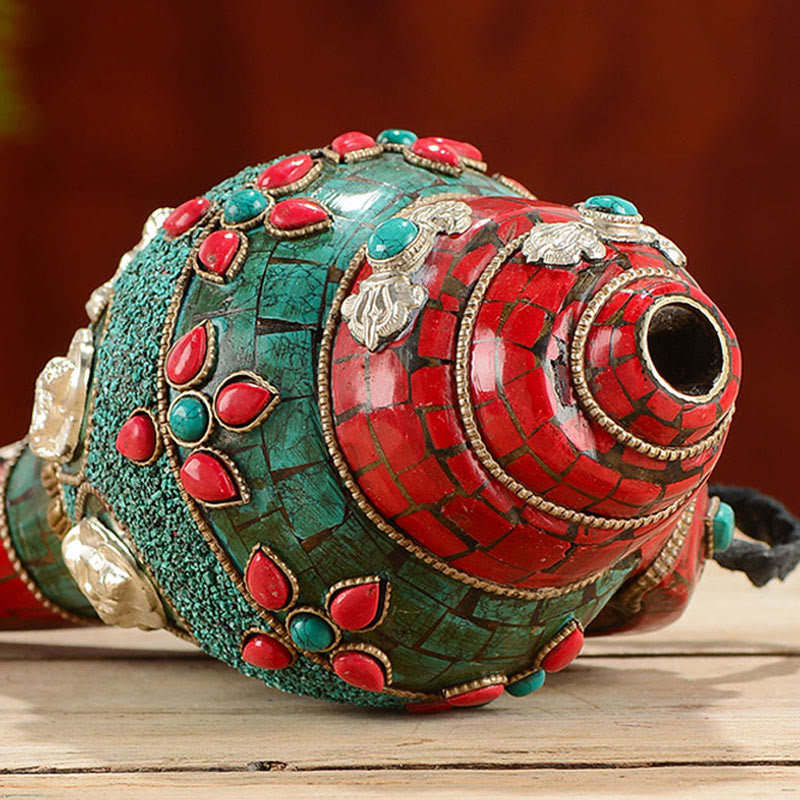 Tibetische handgemachte Shankha Om Mani Padme Hum Buddha Avalokitesvara Türkis Muschel Muschel positive Dekoration