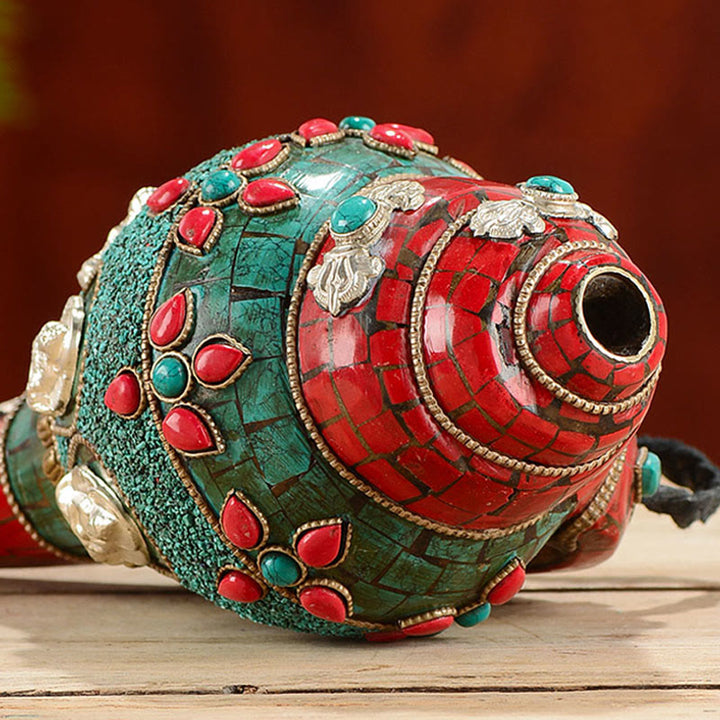 Tibetische handgemachte Shankha Om Mani Padme Hum Buddha Avalokitesvara Türkis Muschel Muschel positive Dekoration