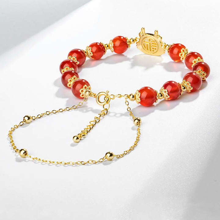 Armband mit Buddha Stonesn, Jahr des Drachen, natürlicher roter Achat, schwarzer Onyx, Glücks-Fu-Charakter