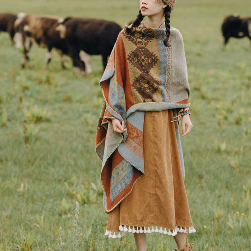 Tibetischer Schal mit Buddha Stonesn, Rautenmuster, warmer Wintermantel