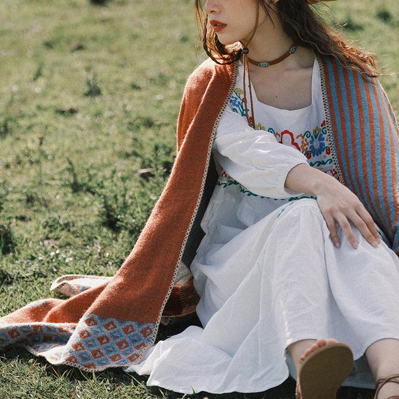 Buddha Stones Tibetischer Schal, gestreift, Rautenmuster, für den Winter, warm, weich