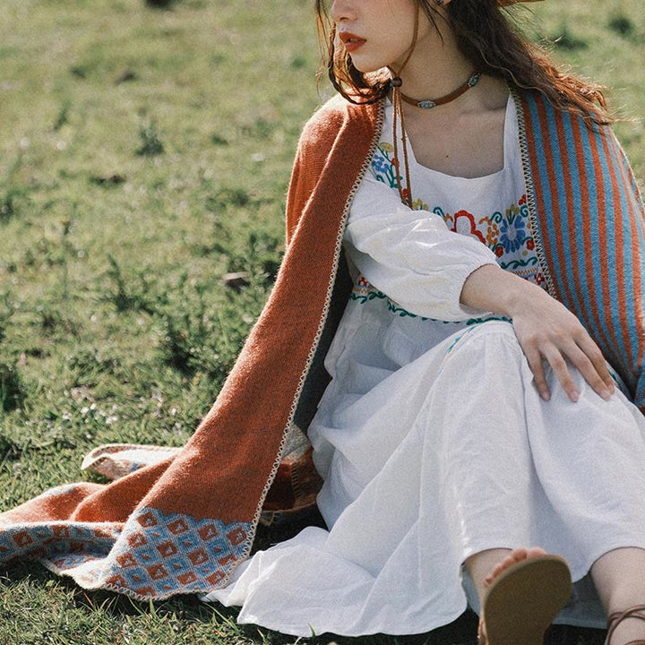 Buddha Stones Tibetischer Schal, gestreift, Rautenmuster, für den Winter, warm, weich