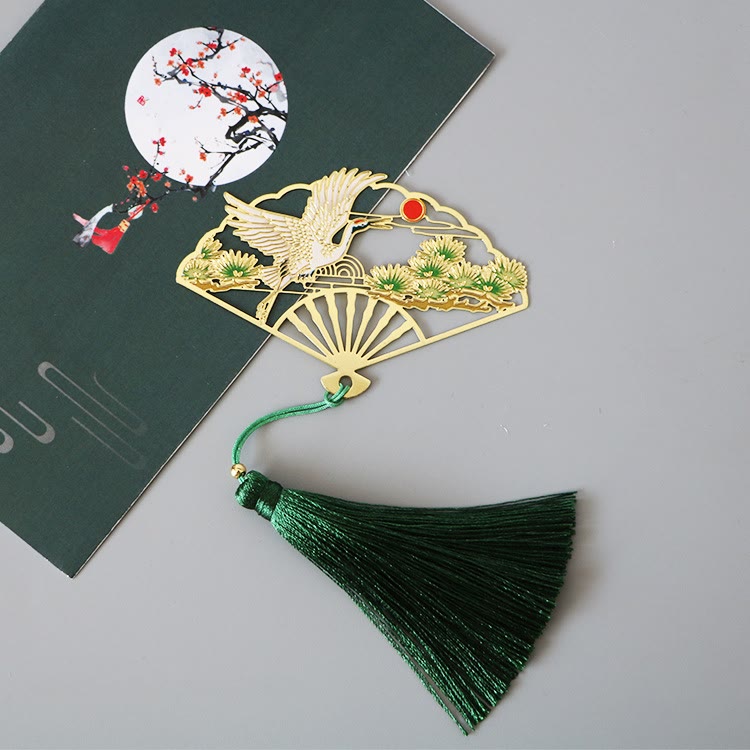 Lesezeichen mit Buddha Stonesn, traditioneller Schmetterling, Lotusblume, Kranich, Drache, Phönix, Fuchs, Koi-Fisch, Neuanfang, Metall, Messing, hohler Fächer