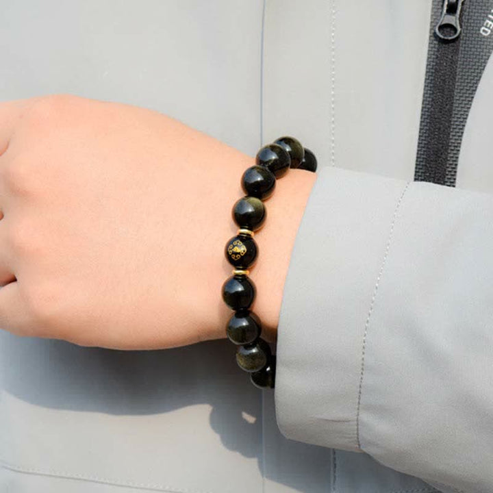 Chinesisches Tierkreis-Natal-Buddha-Goldglanz-Obsidian-Armband zum Schutz des Reichtums