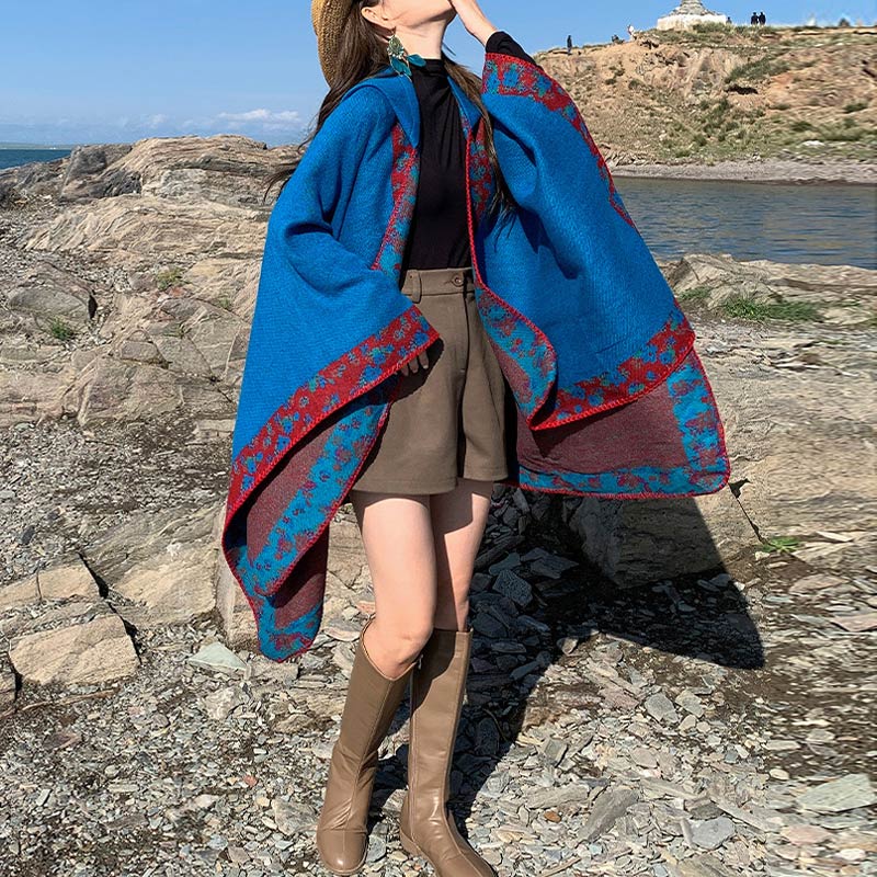 Buddha Stones Tibetischer Schal mit Rand, kleiner Blumen-Kapuzenumhang, gemütlicher Winter-Reiseschal