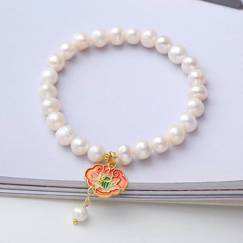 Charm-Armband mit natürlichem Perlen-Lotus-Koi-Fisch, Goldfisch, Optimismus