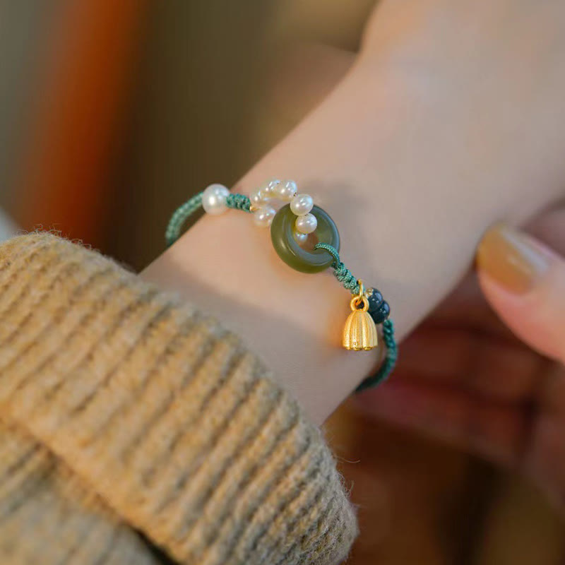 Buddha Stones Natürliche Hetian Jade Friedensschnalle Perle Glück Handgefertigtes geflochtenes Armband