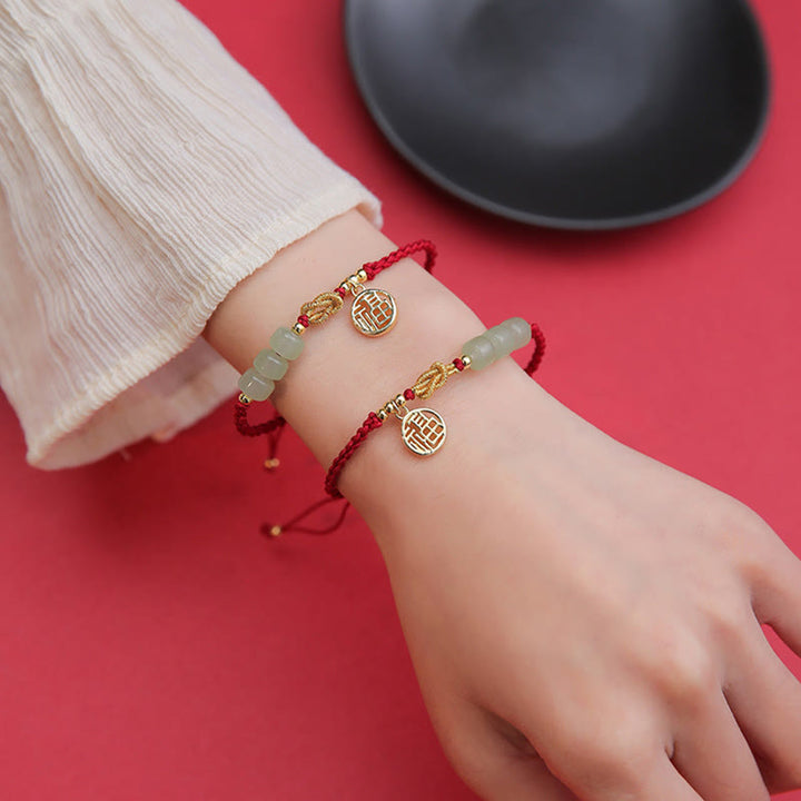 Buddha Stones Handgefertigtes Jade-Perlen-Fu-Charakter-Charm-Glücksarmband mit rotem Seil