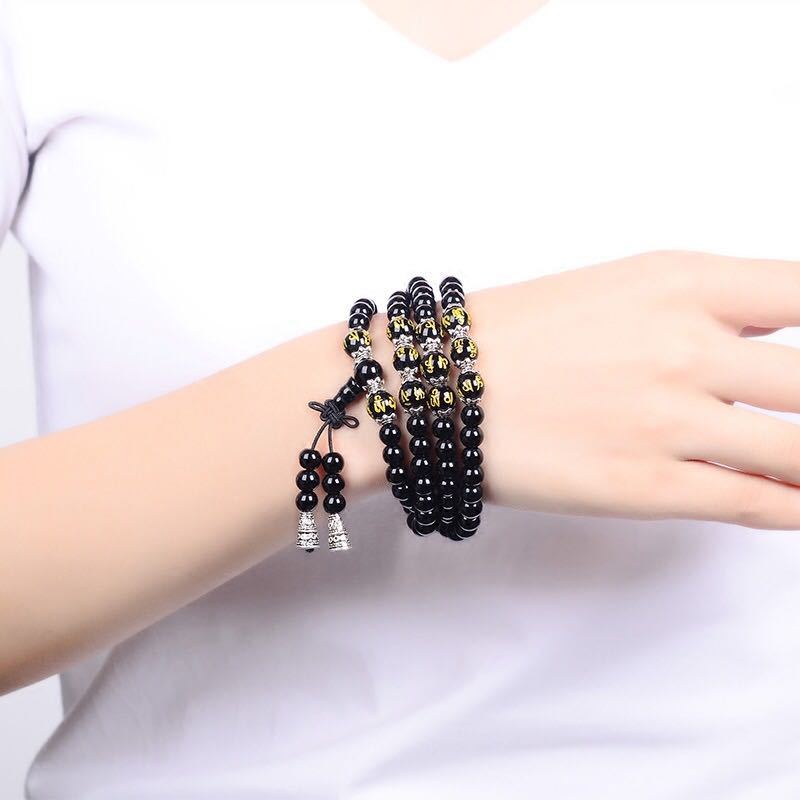 Buddha Stones Black Obsidian Six True Words Protection Mala Armband