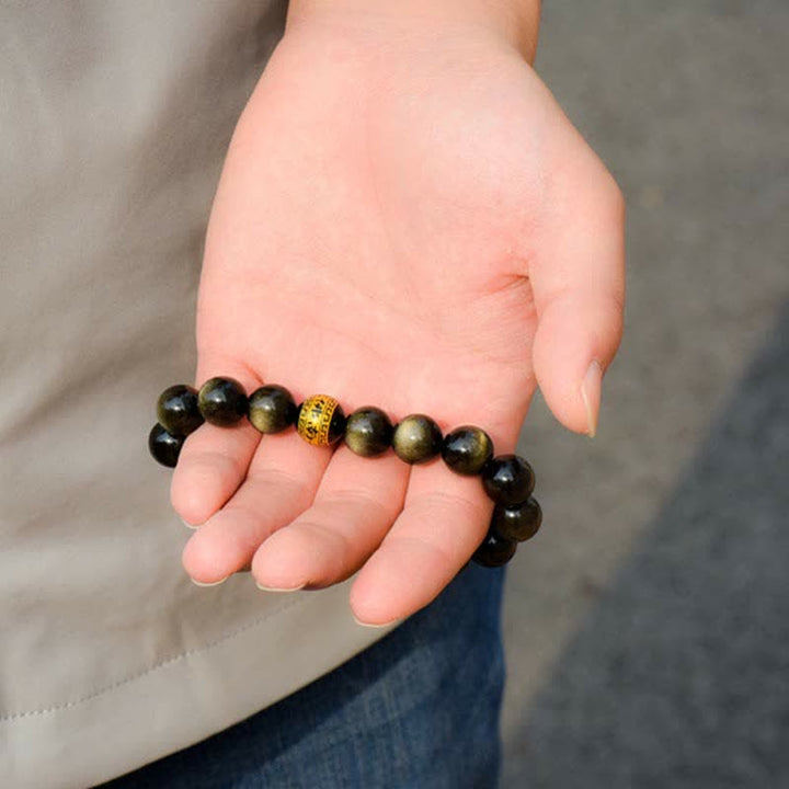 Chinesisches Tierkreis-Natal-Buddha-Goldglanz-Obsidian-Armband zum Schutz des Reichtums