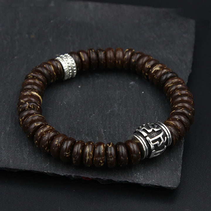 Buddha Stones Natürliches tibetisches Om Mani Padme Hum Positive Armband aus Kokosnussschale
