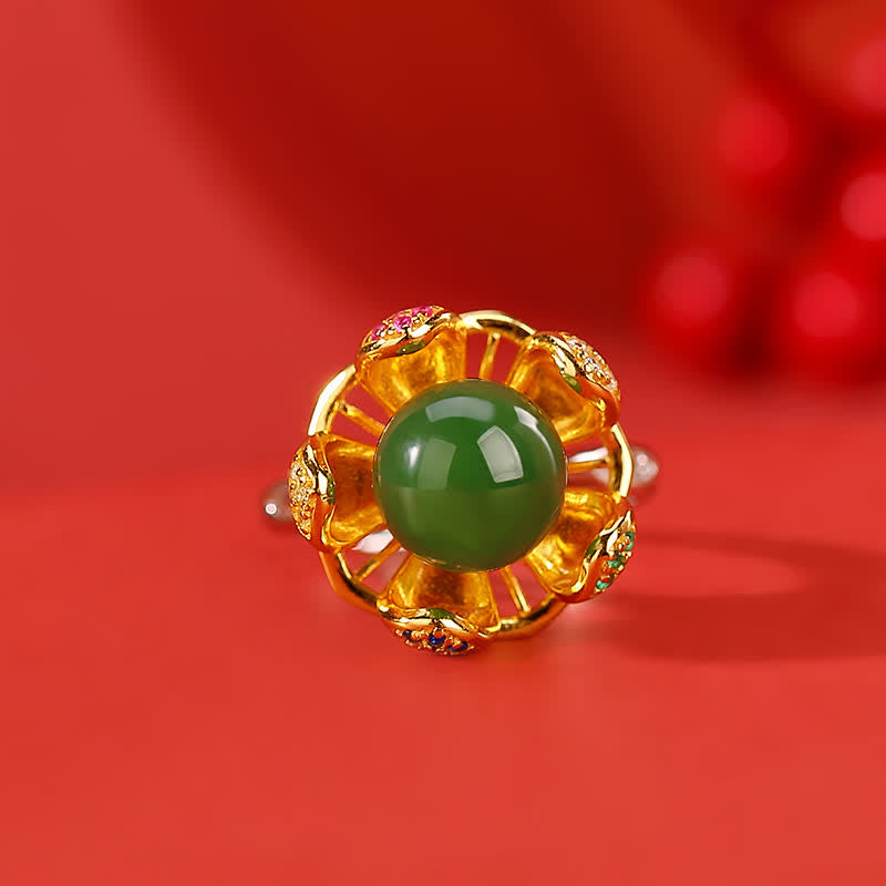 Erfolgsring aus 925er-Sterlingsilber, Weiß Jade, Cyan-Jade, Lotusblume