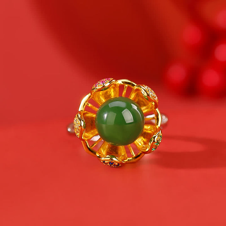 Erfolgsring aus 925er-Sterlingsilber, Weiß Jade, Cyan-Jade, Lotusblume