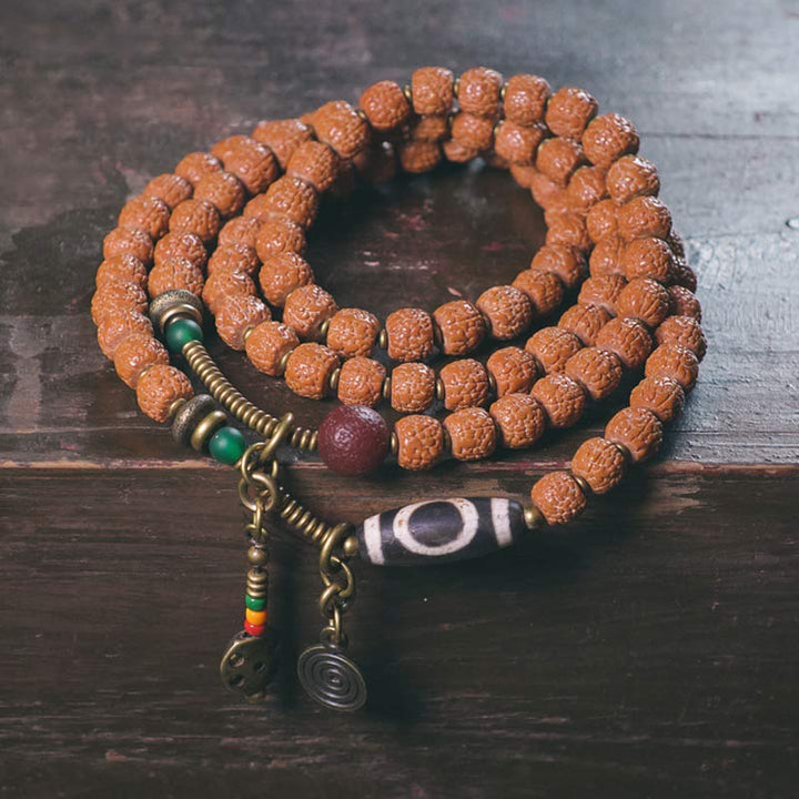 108 Mala Rudraksha-Perlen, Bodhi-Samen, Dzi-Perlen, Glücksverheißung, Quastenarmband