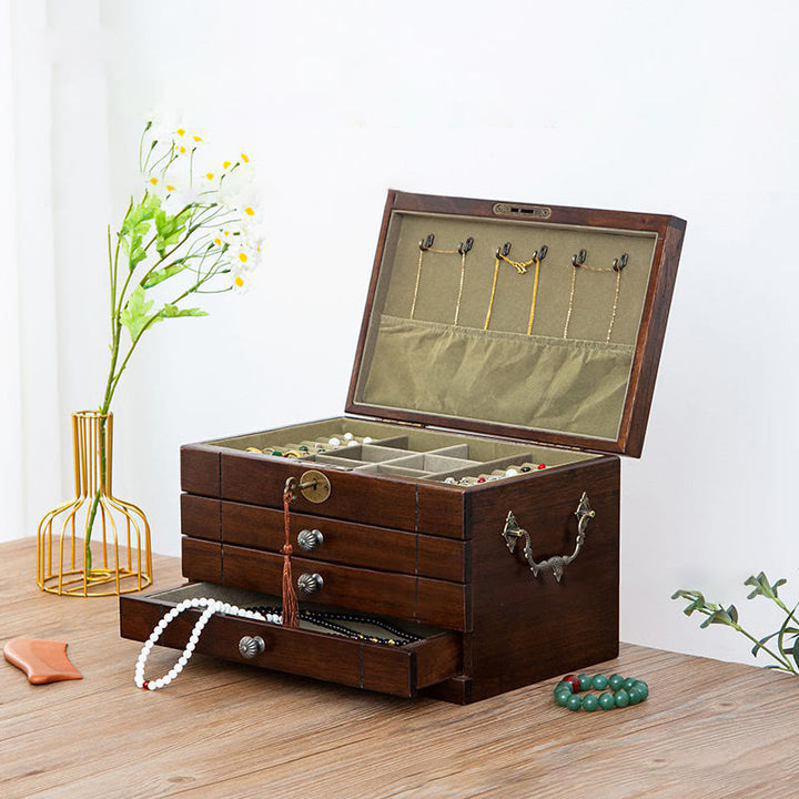 Buddha Stones Retro-Schmuckkästchen aus massivem Holz, vierlagige Schmuckaufbewahrungsbox aus Holz