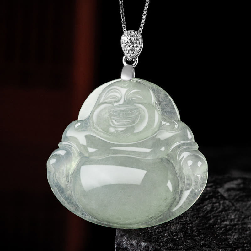 Buddha Stones 925 Sterling Silber natürliche Jade lachender Buddha Wohlstand Fülle Kette Halskette Anhänger