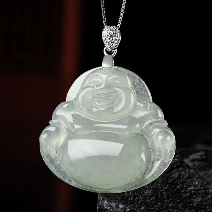 Buddha Stones 925 Sterling Silber natürliche Jade lachender Buddha Wohlstand Fülle Kette Halskette Anhänger