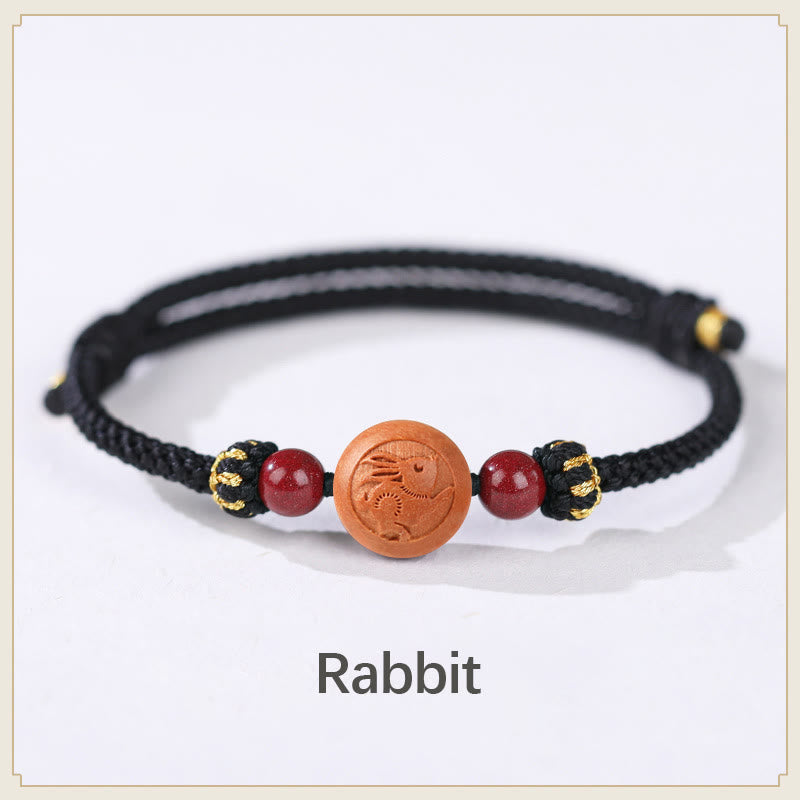 Armband mit Buddha Stonesn, natürlichem Pfirsichholz, chinesischem Sternzeichen Fu, geschnitztem Zinnober-Reichtumsarmband
