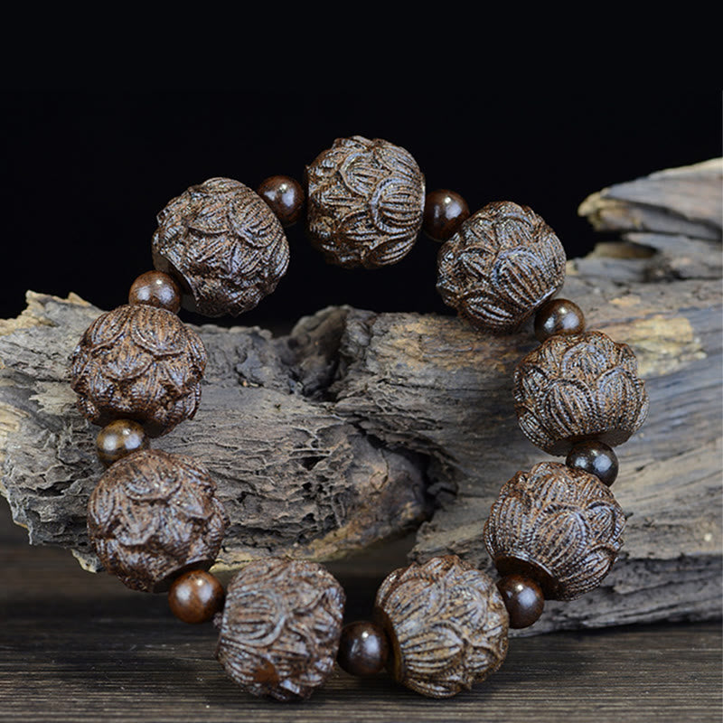 Buddha Stones, Ebenholz, achtzehn Arhats, Lotus-Drachen, graviertes Balance-Armband