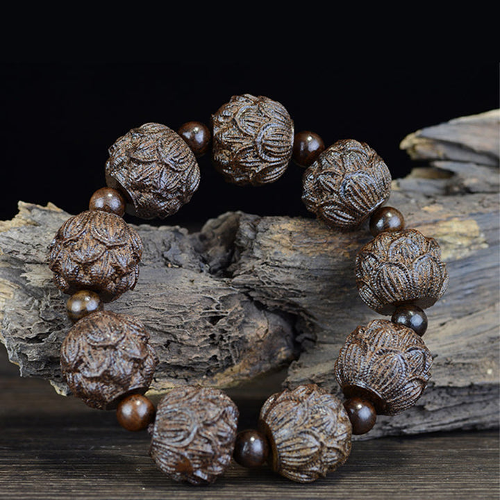 Buddha Stones, Ebenholz, achtzehn Arhats, Lotus-Drachen, graviertes Balance-Armband